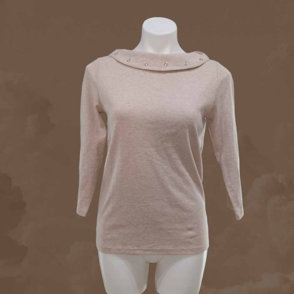 Rafaella Women's Top Heather Brown Beaded Boat Neck 3/4 Sleeve Pullover PS - Picture 2 of 8